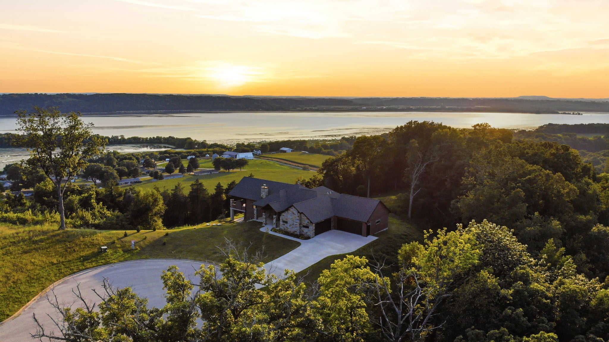 Aerial sunset view over the Mississippi River Valley from above the property